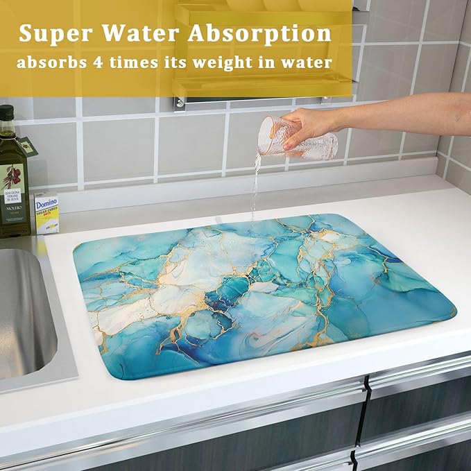 Marble Print Dish Drying Mat for Kitchen Counter,Blue Teal Turquoise Gold Drying Mat 18 x 24 Inch with Absorbent Reversible Microfiber Drying Pad for Coffee Bar