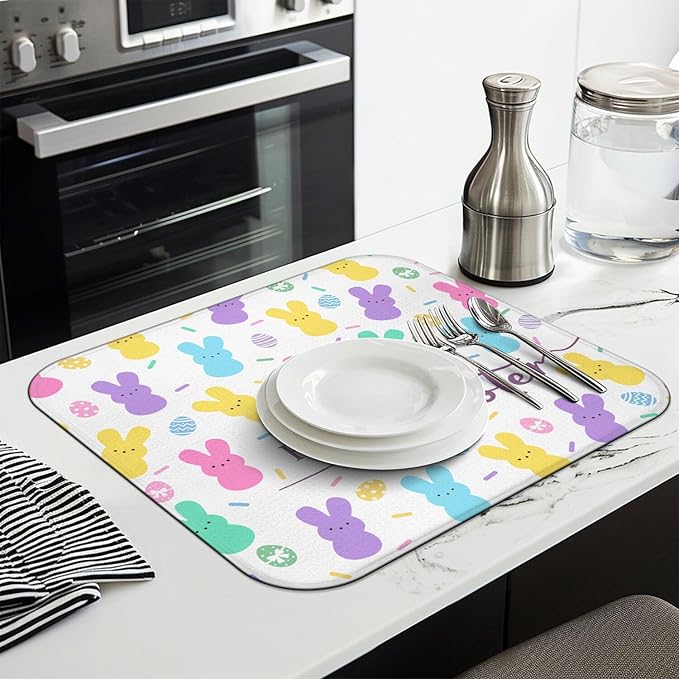 Happy Easter Dish Drying Mat for Kitchen Counter,Cute Bunny Microfiber Drying Mat,Washable Absorbent Kitchen Countertop Dish Mat Drain Pad 16×18 Inch