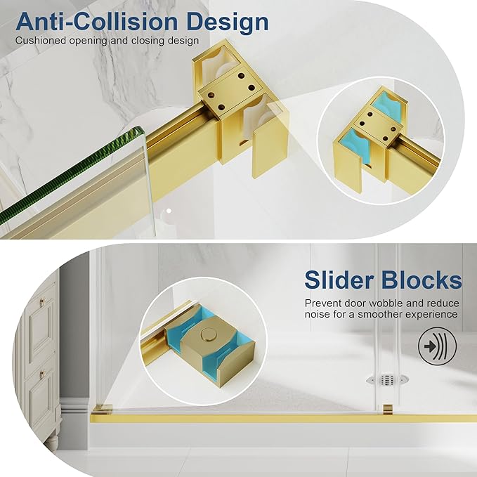 Frameless Double Sliding Shower Doors, 49-54" W x 76" H Shower Glass Door, 1/4" (6mm) Thick ANSI Certified Tempered Glass with Explosion-Proof Film and Nano Coating, Brushed Gold