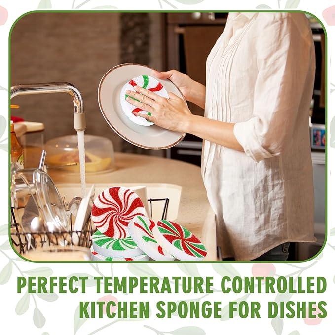 Whaline 8Pcs Christmas Candy Kitchen Sponges Red Green Xmas Candy Water Absorbing Dish Washing Sponge Non Scratch Cleaning Scrub Sponges for Dish Pots Pans Dishwashing Holiday Home Kitchen Bathroom