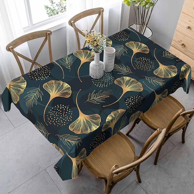 Golden Gingko Leaves Tablecloths for Rectangle Tables Natural Green Foliage Botanical 52x70 Table Cloth for Wedding Party Banquet,Dining Kitchen Table Cover