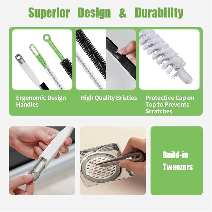 3 Pcs Upgraded Cleaning Brush Kit - Flexible Sewer Drain Brush, Long Pipe Cleaner, Crevice Cleaning Tool with Tweezers, Durable Hard Bristles, Ideal Scrubber for Kitchen, Bathroom, Toilet, Vents