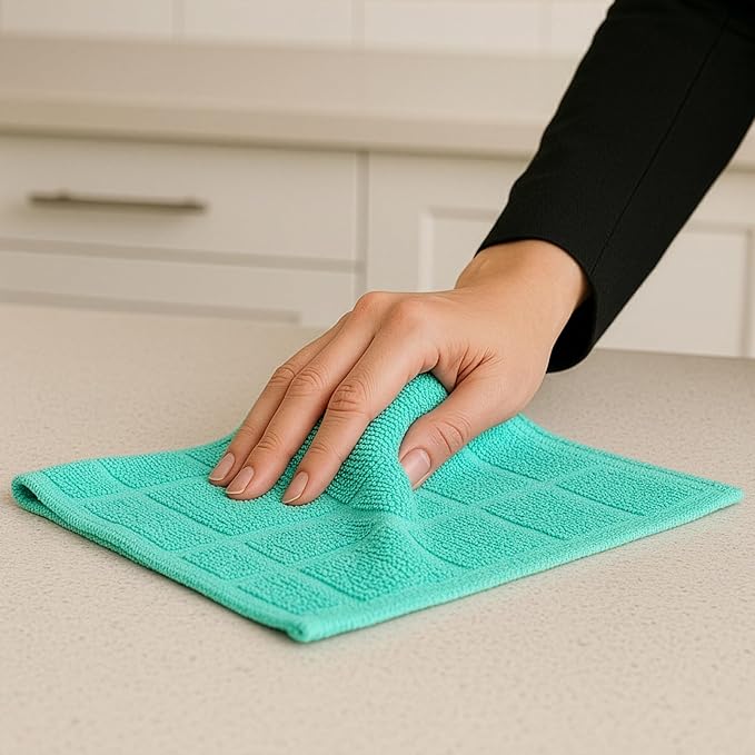 DecorRack 10 Pack 100% Cotton Kitchen Towels, 12x12 inch Soft Terry Dishcloths, Absorbent Hand Towels for Cleaning, Drying & Dishes, Plaid Pattern Cleaning Rags, Turquoise (Pack of 10)
