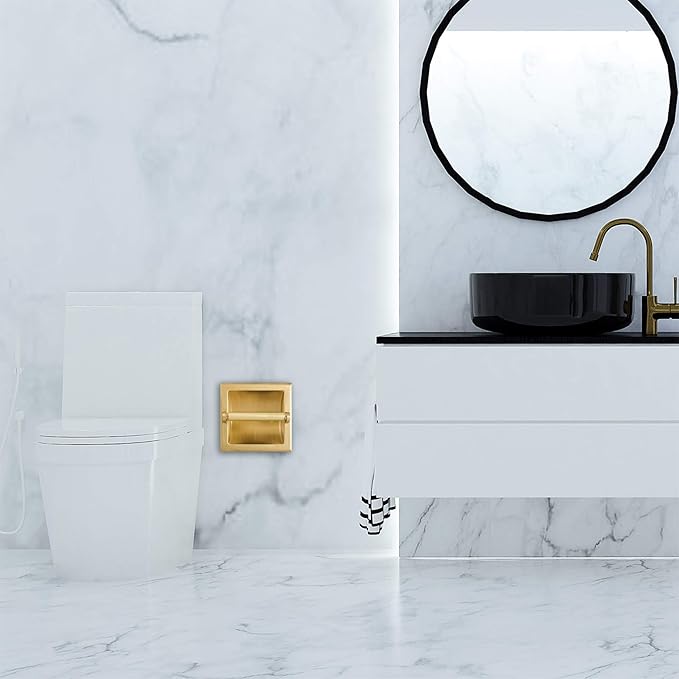 SENTO Recessed Gold Toilet Paper Holder, Wall Mounted Heavy Duty Metal Toilet Paper Roll Holder with Rear Mounting Bracket, in Wall, Easy Installation, Satin Brass