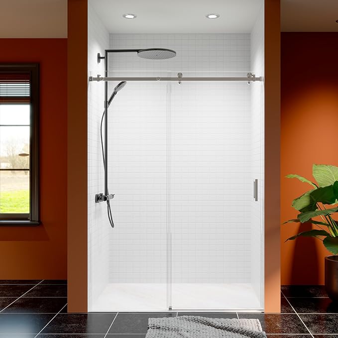 50-54 Inch Frameless Sliding Shower Door, 76" Height, 5/16" (8mm) Clear Tempered Glass, Smooth Gliding Track & Anti-Jumping System, Stainless Steel Brushed Nickle Finish