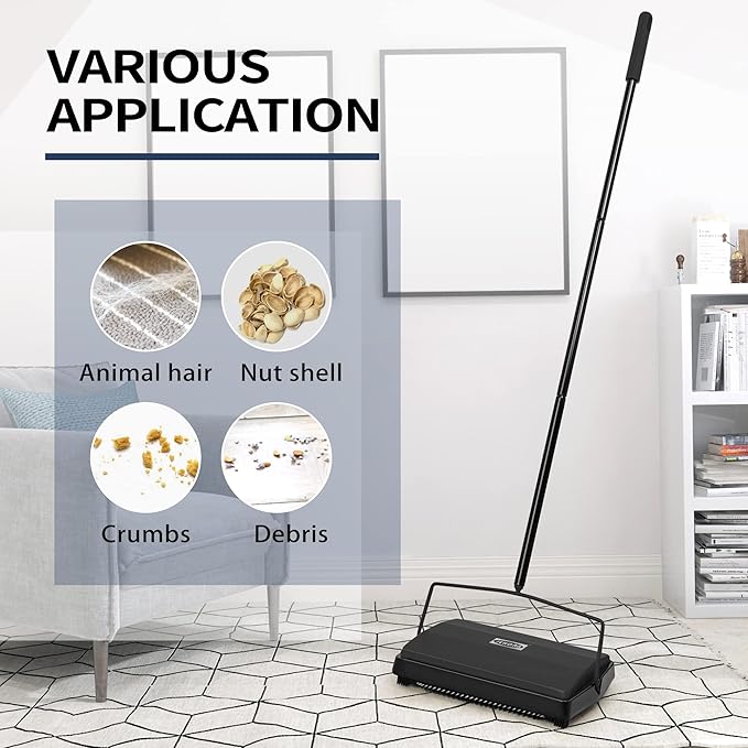 JEHONN Carpet Floor Sweeper Manual with Horsehair, Non Electric Quite Rug Roller Brush Push for Cleaning Pet Hair
