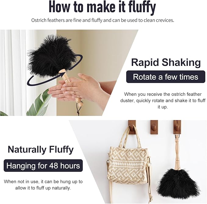 Ostrich Feather Duster 12 Inch Handheld Duster Supplies, Wooden Handle Feather Duster for Cleaning Keyboard Home Car Office (Black 2Pcs)