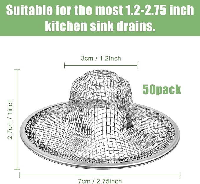 50pcs Mesh Sink Strainer, 2.75" Top/1" Stainless Steel Slop Basket Filter Trap, Metal Bathtub Kitchen Drain Strainer, Hair Basket Drain - Fits Most Kitchen Sinks, Bathroom Sinks,Shower Drains