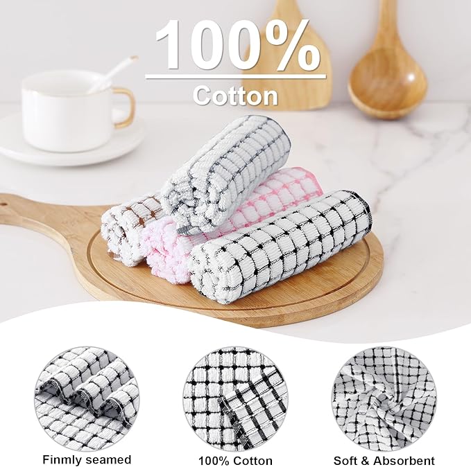 Kitinjoy Cotton 12 Pack Kitchen Towels and Dishcloths Sets, 16 x 25 Inch & 12 X 12 Inch Dish Towels Bulk, Super Soft and Absorbent Hand Towels for Kitchen Drying, Black