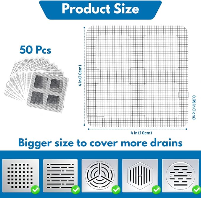 50 Pack Premium Disposable Shower Drain Hair Catcher Stickers – Waterproof Mesh Drain Cover for Shower, Bathtub, Bathroom, Kitchen Sink & Laundry, Easy Peel & Stick Hair Stopper for Human & Pet Hair