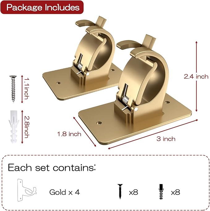 4 Pieces Self Adhesive Curtain Rod Bracket Universal Plastic Curtain Rod Holders, No Drill Curtain Rod Brackets Curtain Rod Hooks for Bathroom, Bedroom, Livingroom, Kitchen (Gold)