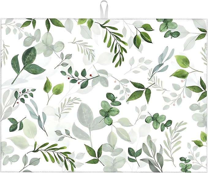 Green Leaves Dish Drying Mat 18x24 inches Microfiber Absorbent Fast Dry Mat for Kitchen Counter Coffee Bar Green Plants Large Drying Mat Kitchen Decor Gifts (Green Leaves, 18x24 inches)