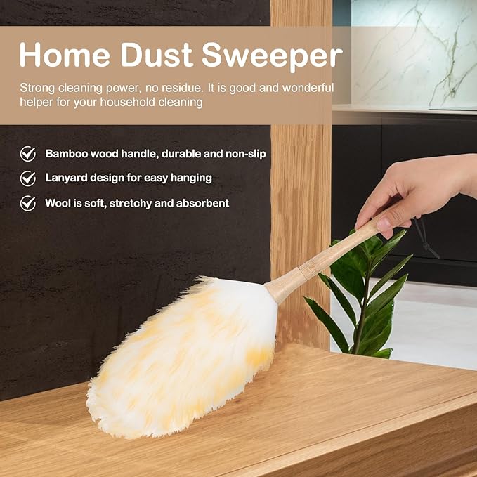 Operitacx Lambswool Duster for Cleaning, 22cm Handheld Wool Dust Remover Brush with Static Charge, Soft Furniture and Car Interior Sweeper for Home and Office Use
