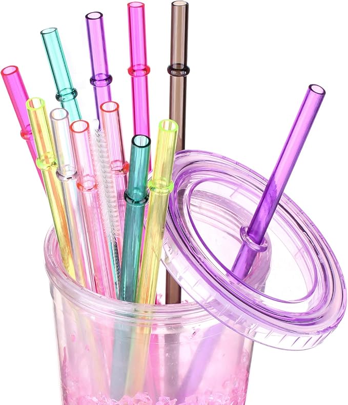 Dakoufish 9 inch Long Reusable Tritan Replacement Drinking Straws for 12 oz 16 oz Mason Jar,Tumblers, Set of 12 with Cleaning Brush (9 inch,7color)