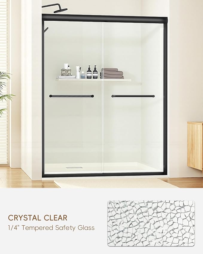 Shower Door 56-60'' W x 72'' H Semi-Frameless & Double Sliding, 1/4 inch (6mm) Thickness Clear Tempered Glass for Walk-in Shower, Matte Black