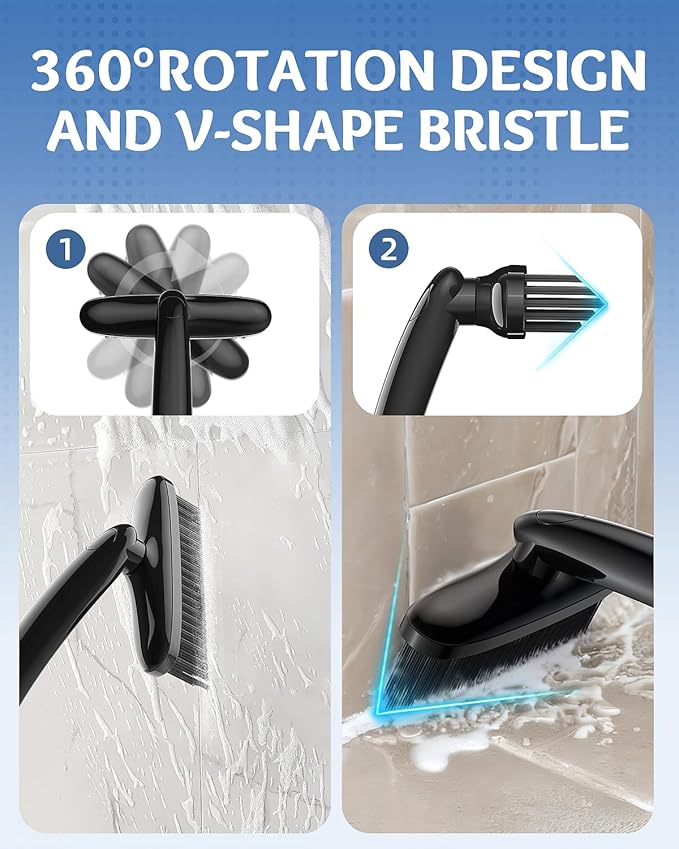 360 Degree Rotating Crevice Cleaning Brush- Household Hard Bristle Cleaning Brush, Multifunctional Bathroom Cleaning Tools for Kitchen Sink, Window, Tile, Toilet Seat (2, Black&White)
