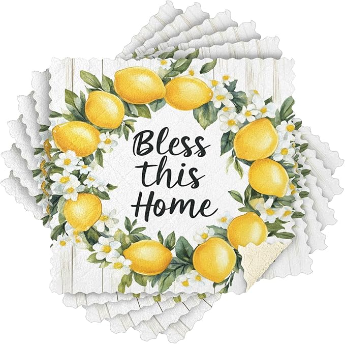 ALAZA Kitchen Towels Summer Lemon Wreath Dish Towels Multipurpose Reusable Dish Cloths Soft Cleaning Cloth Kitchen Accessories Set of 6,11"x11"