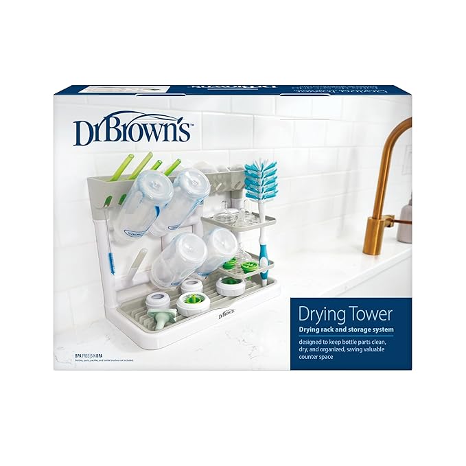 Dr. Brown's Drying Tower, Stand-Up Drying Rack, Countertop Baby Bottle Drying with Organized Storage for Baby Essentials, Space Saving Vertical Rack, Gray