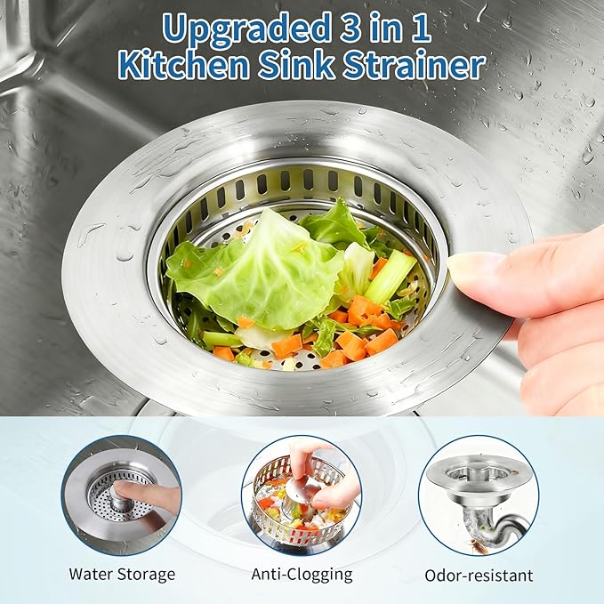 The Ultimate Kitchen Sink Solution: 3-in-1 Drain Strainer & Stopper. 304 Stainless Steel, Anti-Clogging, Anti-Odor for US Standard Drains. Easy Clean! (2)