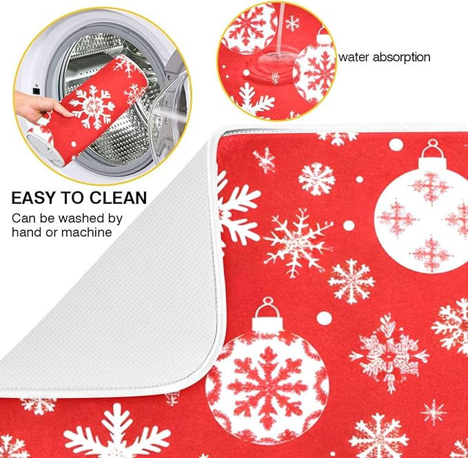 Christmas Snowflake Ball Baubles Dish Drying Mat for Kitchen Counter Absorbent Microfiber Drying Pad, Medium 16x18 in