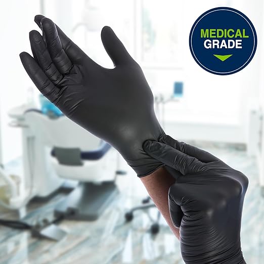 HALYARD Black Disposable Nitrile Exam Gloves Powder Free Medical, Dental, Cleaning, Tattoo, Food Safe, 3.5 mil, Size Medium, Box of 100