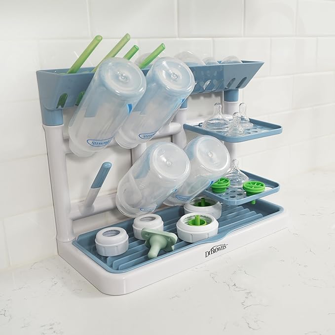 Dr. Brown's Drying Tower, Stand-Up Drying Rack, Countertop Baby Bottle Drying with Organized Storage for Baby Essentials, Space Saving Vertical Rack, Blue