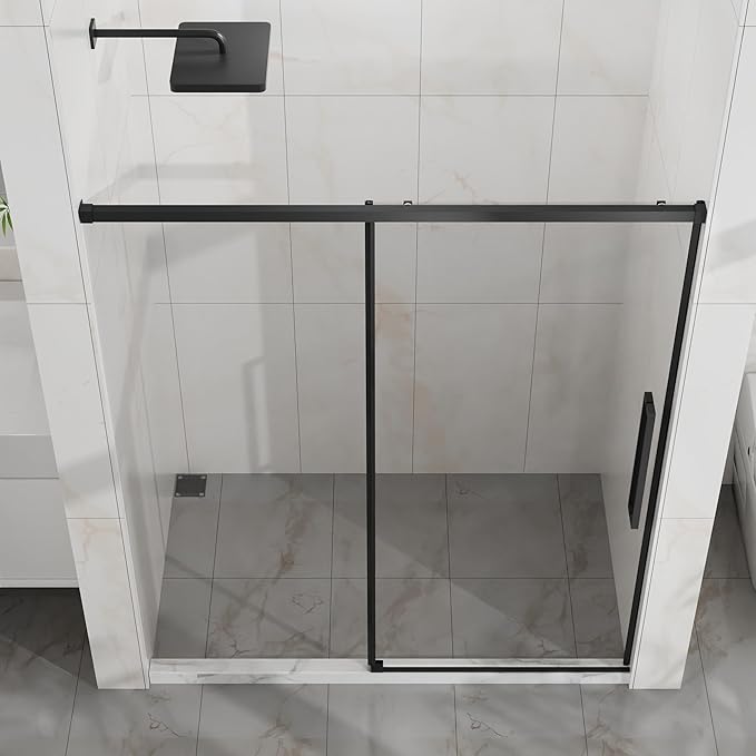 Semi-Frameless Shower Door 60" W x 72" H, 1/4" Clear Tempered Glass, Sliding Design, Reversible Installation, Matte Black Finish, Space-Saving Glass Shower Door for Small Bathrooms