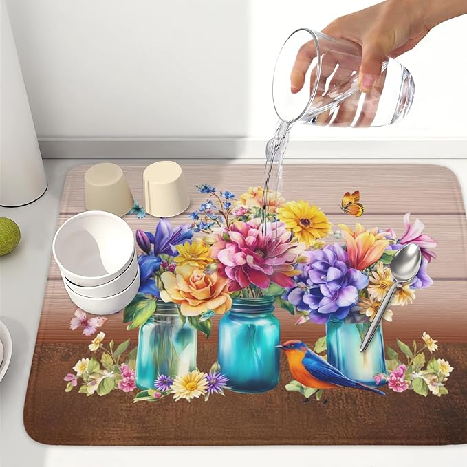 Spring Colorful Flowers Dish Drying Mat for Kitchen Counter,Vintage Plants Mason Jar Butterflies Drying Mat 18 x 24 Inch with Absorbent Reversible Microfiber Dish Drying Pad for Coffee Bar