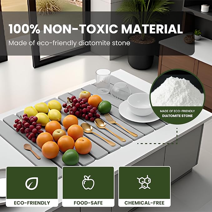 Large Stone Drying Mat for Kitchen Counter - Collapsible Quick-Dry Diatomite Dish Drying Mat, Non-Slip (Gray)