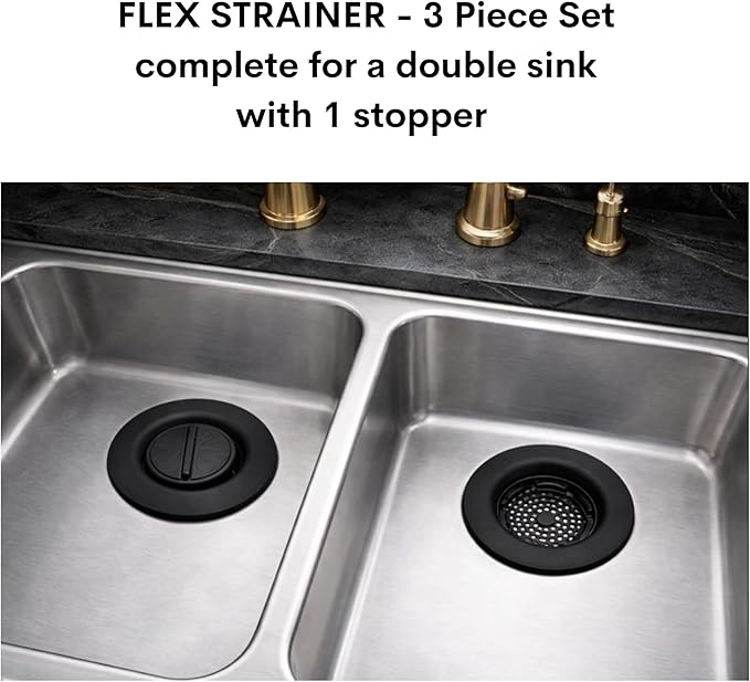 Flex Strainer® Sink Drain Strainer with Optional Stopper – No Center Stem, Fits Standard 3½” Sink Drains & Disposals – Easy Clean, Dishwasher Safe – Made in USA (Black, 3pc)