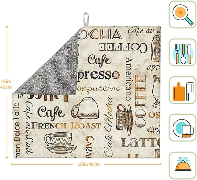 Coffee Pattern Dish Drying Mat 16x18 inches Microfiber Absorbent Fast Dry Mat for Kitchen Counter Coffee Bar Vintage Coffee Drying Mat Kitchen Decor Gifts (Vintage Coffee, 16x18 inches)