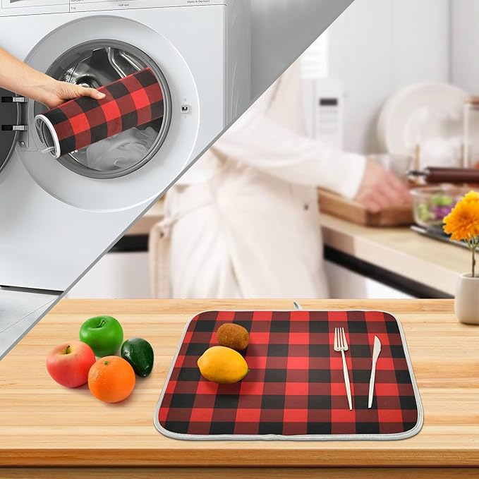Christmas Red Black Buffalo Plaid Dish Drying Mat for Kitchen Counter Absorbent Microfiber Small Drying Pad Dish Mats for Kitchen Countertops 16 x 18 Inch