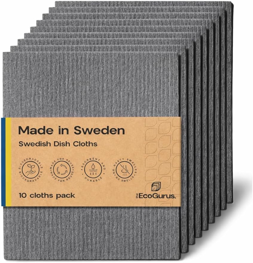 Original Swedish Dishcloth – Made in Sweden, 10 Cloths, Reusable & Biodegradable Cellulose Sponge for Kitchen, Suitable for All Surfaces, Odour Resistant Eco Cleaning – Gray