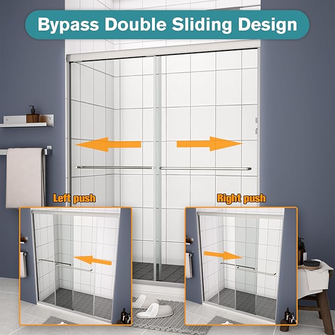 Bypass Glass Shower Door 44-48" W x 70" H with 1/4" Clear SGCC Tempered Glass, Semi-Frameless Double Sliding Shower Door, Easy to Clean, Easy to Install, Chrome