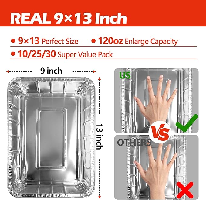 Aluminum Pans Foil Pans, 25 Pack 9x13 Disposable Trays Half Size Tin Pans Heavy Duty Foil Trays Food Containers For Cooking, Baking, Roasting, Heating or Steam Table
