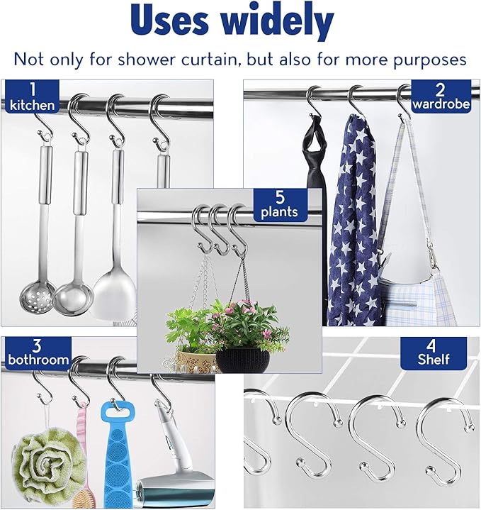 Metal Shower Curtain Hooks，Set of 12 Rings，Rust Resistant S Shaped Hooks Hangers for Shower Curtains, Kitchen Utensils, Clothing, Towels, etc. (Chrome)