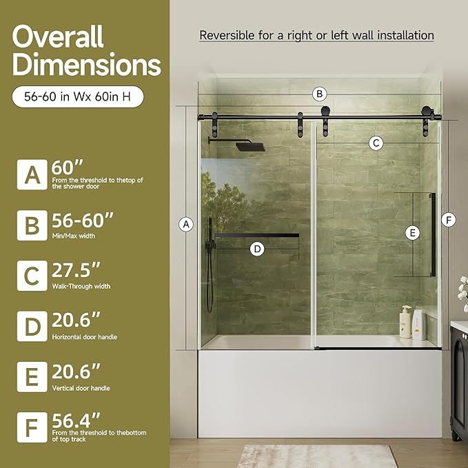 56-60" W x 60" H Frameless Bathtub Shower Door, Sliding Tub Shower Glass Door, 5/16" (8mm) SGCC Tempered Glass Shower Doors with Nano-Coating and Explosion-Proof Film, Easy to Clean, Matte Black