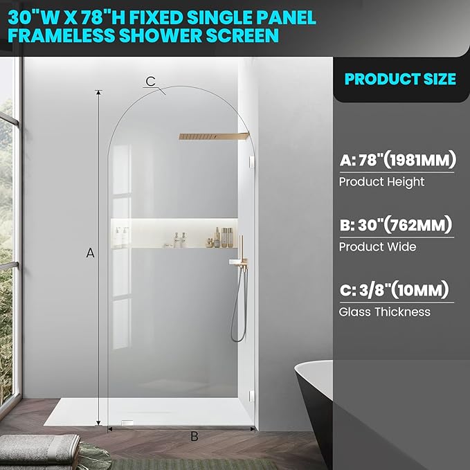 Bathroom Glass Shower Door Panel, 30" W x 78" H Fixed Frameless Shower Doors with Clamps, 3/8"(10mm) Thick Clear Tempered Glass Shower Screen Single Panel for Walk in Shower (Chrome)