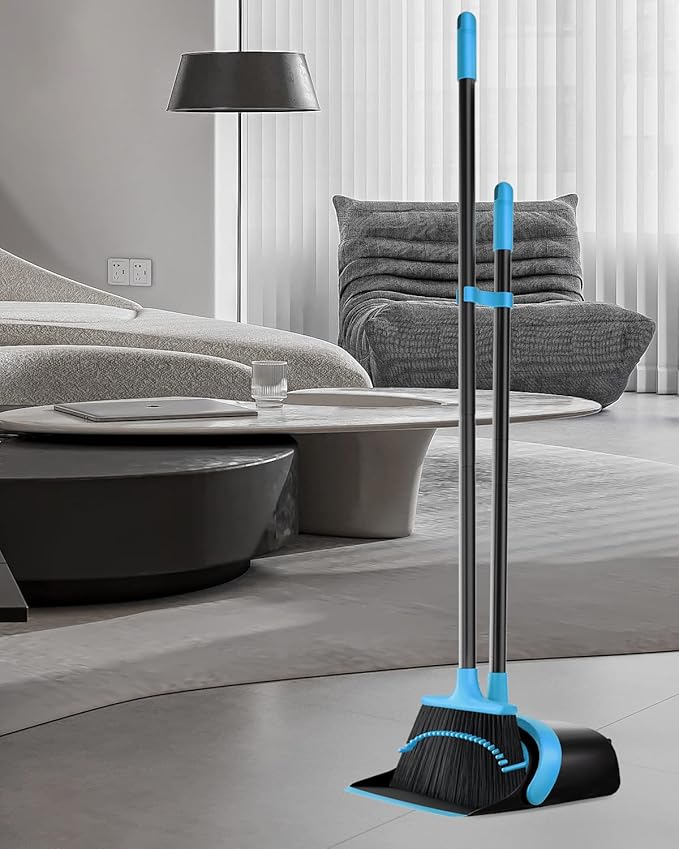 52" Long Handle Broom and Dustpan Set for Home, Kitchen, Office, Lobby Floor - Heavy Duty Standing Combo With Dust Pan