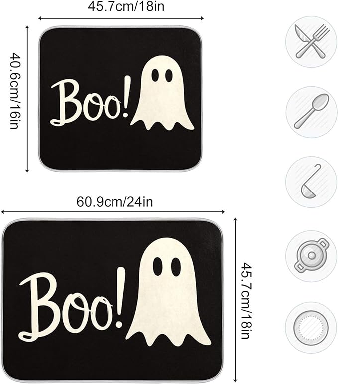 Halloween Ghost Boo Dish Drying Mat for Kitchen Countertop 18x24 Spooky Black Large Drying Mat Reusable Quick Dry Dish Sink Mats Easy Clean Decorative Essentials