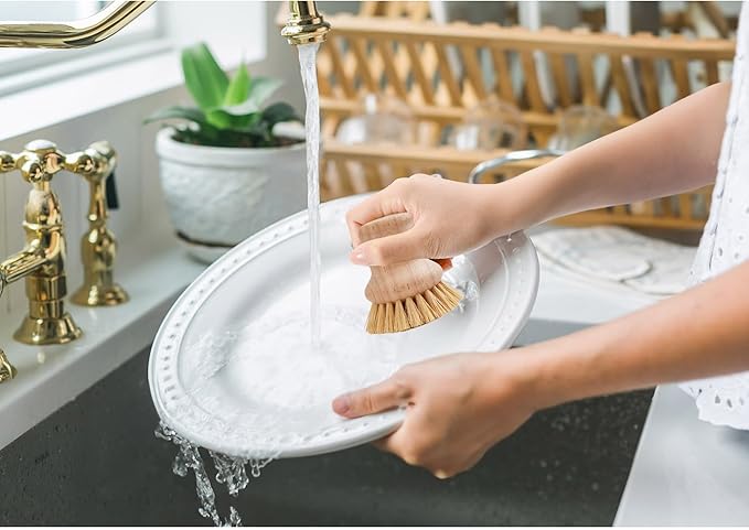 HIC Kitchen Natural Bristle Dish Pan Scrub Brush, Non-Scratch Natural Tampico Bristles with Wooden Handle, Set of 2