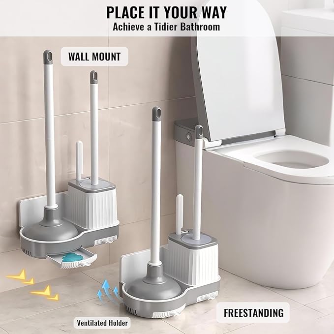 3-in-1 Toilet Brush and Plunger Set with Hidden Holder, Vented Stand & Drip Tray, Hangable or Freestanding, 360° Deep-Clean Brush Head + Gap Brush, Shatter-Resistant Handles（White）