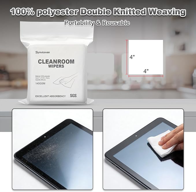 Cleanroom Wipers 4"x4"(400 Pcs, 100% Polyester, Class 100, 140GSM) Double Knit 100% Lint Free Cloths with Ultra-fine Filaments, Laser Sealed Edge Ultra-Soft Wipers