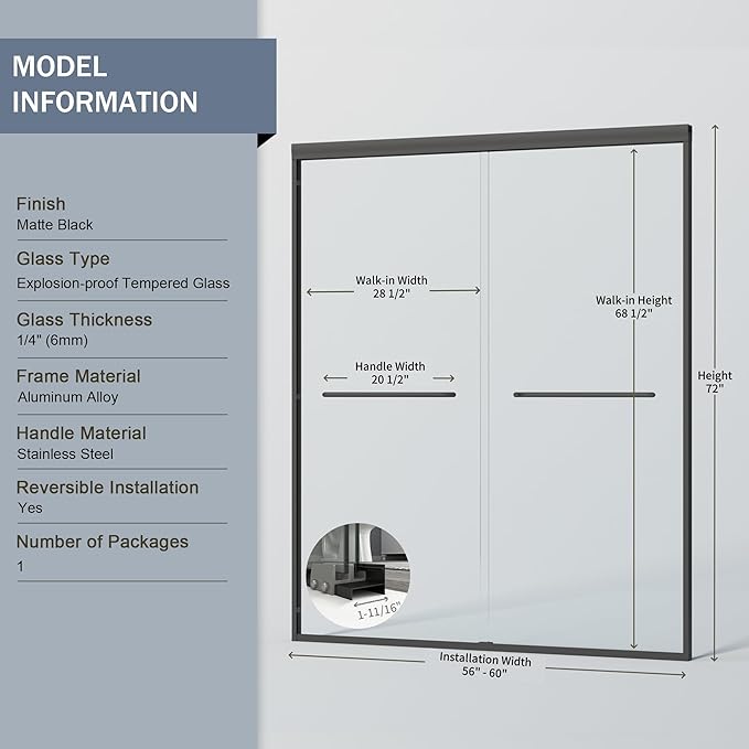 Abruzzo Double Sliding Shower Door - 56-60" Adjustable Width, 72" Height, Semi-Frameless Tempered Glass Enclosure for Walk-in Showers, Matte Black