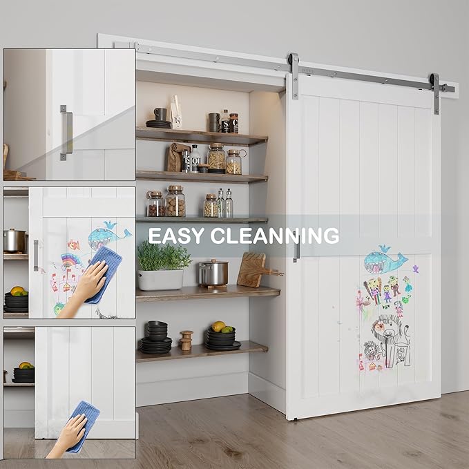 48''x84'' Sliding Barn Door with 8 Ft Brushed Nickel Hardware Kit& Handle& Floor Guides,Pre-Drilled Holes Easy Assembly - Include Installation Manual, Water-Proof PVC Surface, H-Frame