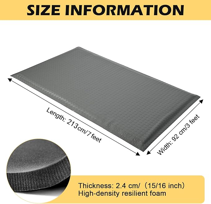 3 x 7 FT Anti Fatigue Mats Industrial 15/16 Inch Thick Soft Sponge Ergonomic Mat Durable Heavy Duty Diamond Plate for Standing Non Slip Industrial Grade Floor Mat for Leg & Back Pain (Gray)