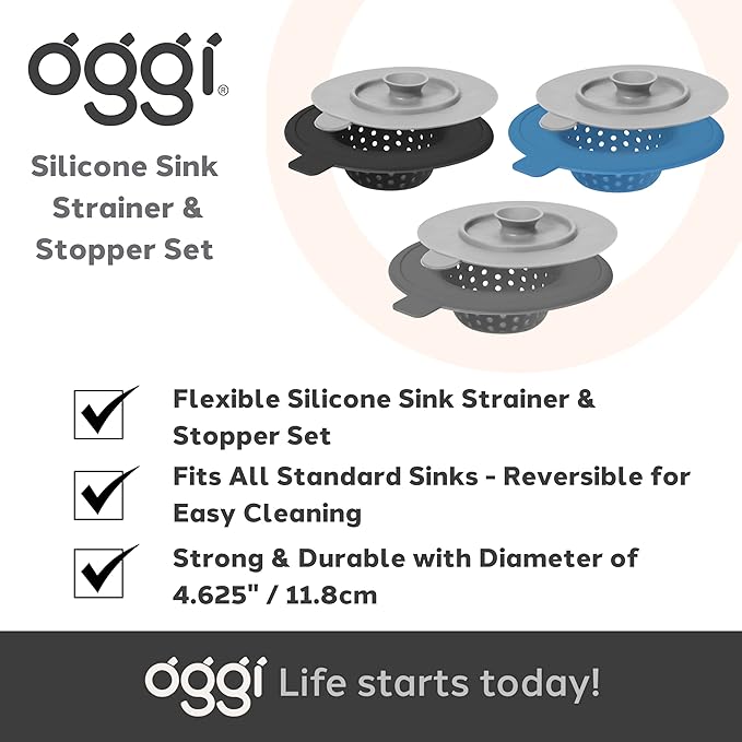 OGGI Silicone Sink Strainer & Stopper Set- Great Kitchen Sink Strainer, Silicone Drain Stopper, Sink Drain Strainer, Sink Plug 4.6˝ Diameter Rim, Gray
