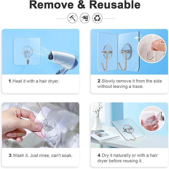 Adhesive Hooks Removable Wall Hook 13 LB Ceiling Hooks Transparent Seamless Waterproof and Oil Proof for Cabinet Kitchen Bathroom Ceiling Office Window 24 Pack