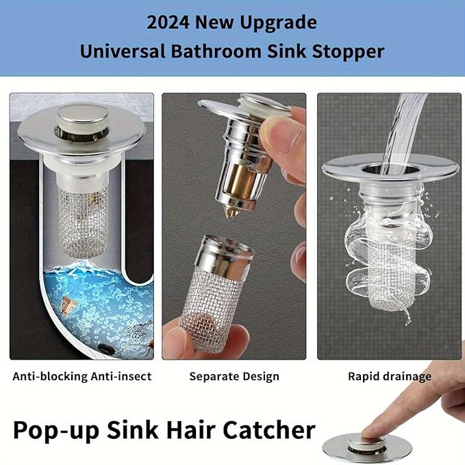 Bathroom Sink Stopper Hair Catcher - Drain Catches & Strainers with Removable Stainless Steel Filter Basket, Pop-Up Design, Easy Cleaning, and US Drain Compatibility. (2pcs)