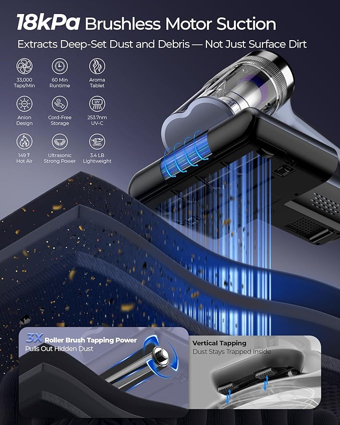 Upgrade Cordless Mattress Vacuum with 18kPa Ultra-Deep Suction, 2-Speed Bed Vacuum with 33000 RPM/Min Roller Brush, 253.7nm UV-C Light & LED Display, HEPA, 149℉ Heat, Aroma & Anion for Bed Sofa